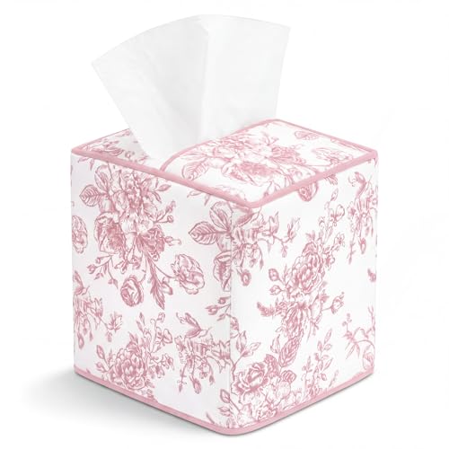 Loyim Pink Fabric Tissue Box Cover Floral Print Cotton Tissue Box Decorative Square Napkin Holder Vintage Cottagecore Home Decor for Bathroom Bedroom Vanity Countertop Home Office Kitchen