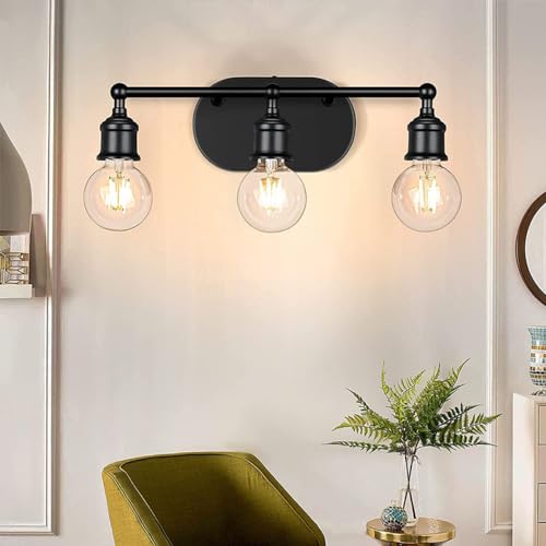 Mengjay Lampada a Specchio Vintage per Bagno, Stile Industriale E27 Luce 3 Fuochi, Applique da Parete in Metallo Retrò 42CM (Nero/Oro)