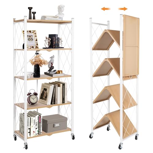 Yuanjimi 5-Tier Foldable Storage Shelves with Wheels, Folding Metal Shelf Unit, Folding Bookshelf no Assembly, Collapsible Shelves for Craft Shows for Kitchen, Bedroom, Living Room, Natural