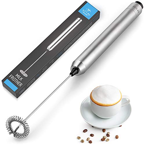 Zulay Skinny Milk Frother Handheld Mini Mixer - Stainless Steel Coffee Frother Electric Handheld Frother For Coffee Latte Frappe - Cordless Battery Operated Electric Whisk Milk Foamer