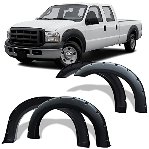LEDKINGDOMUS Fender Flares Kit Compatible for 1999-2007 Ford F-250 / F-350 / F-450 Super Duty, UV Protected Dura-Flex Material Textured Matte Black Finish Front Rear Fenders Pocket Rivet Style 4pcs
