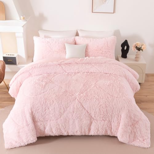 Image of Pink Fluffy Comforter Sets Full Size 3 Pieces Faux Fur Fluffy Bedding Set for Girls Warm Velvet Plush Fuzzy Bed Set for Kids Teens(Blush Pink, Full)