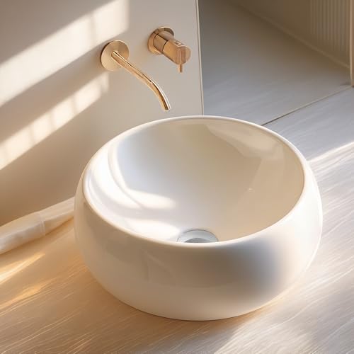 NUESTRA VIDA Lavabo de Cerámica para Baño, Lavabo Sobre Encimera Lavabo Redondo de Baño 40 × 40 ×15,5cm, Ideal para Poner Sobre Encimera de Muebles de Baños y Aseos