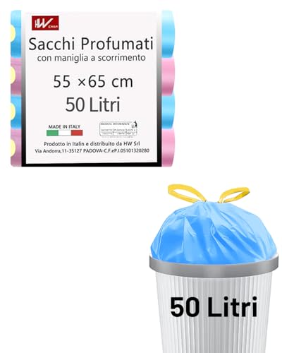 HW CASA Lot de 60 sacs poubelle écologiques de 50 L en LDPE recyclés, sacs à ordures parfumés avec poignée coulissante, équipés d'un système anti-goutte, parfaits pour la maison et le bureau, bleu