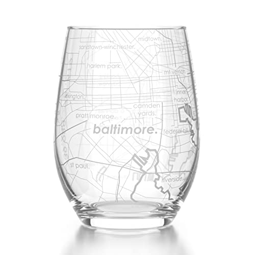 Well Told Baltimore Maryland Map Stemless Wine Glass 15 oz