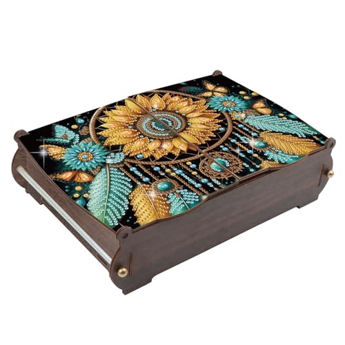 Image of MVVMTOP Diamond Painting Kit Wooden Storage Box, Dream Catcher DIY Special Shaped Diamond Flip Cover Wooden Money Box, Handmade Art Desktop Decorations Birthday Gifts for Friends