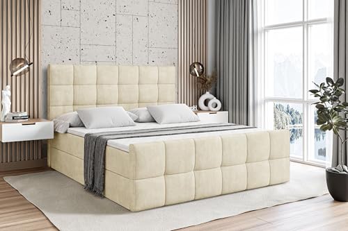ALTDECOR Boxspringbett mit Matratze und Lattenrost, Boxbett, Fußteil, Topper, Polsterbett mit Bettkasten, Bett mit Stauraum H3-Matratze, Doppelbett, Springboxbett - APO-Z - 160x200 - Beige Monolith