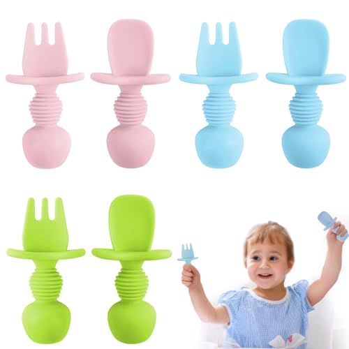Juego de 6 cucharas de aprendizaje para bebés, juego de cubiertos de silicona, cuchara educativa y tenedor, cuchara de bebé para BLW Baby LED Weaning accesorios, cuchara de aprendizaje