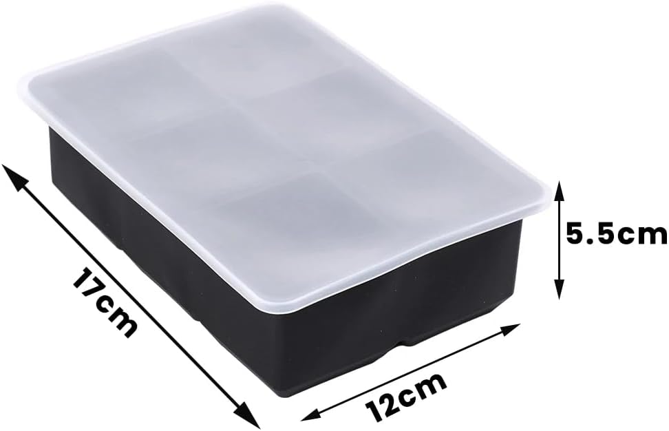 Large Ice Cube Mold Tray, Black and Frosted, Food Grade Silicone, 17x12x5.5cm Square Ice Block Maker for Pub, Wine, Beverages (6)