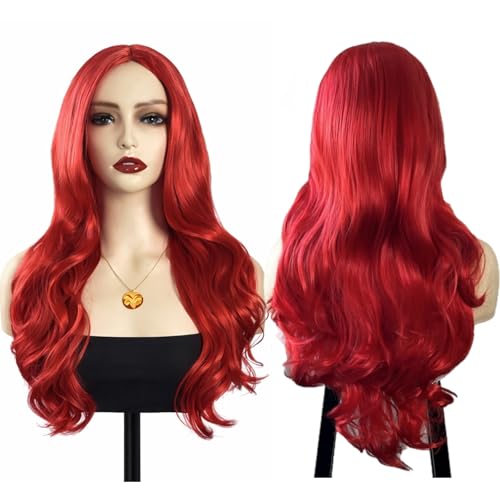GWAWG Red Long Curly Full Wig for Women Girls Wavy Synthetic Wig with Fringe for Halloween Carnival Cosplay Party Anime Costume