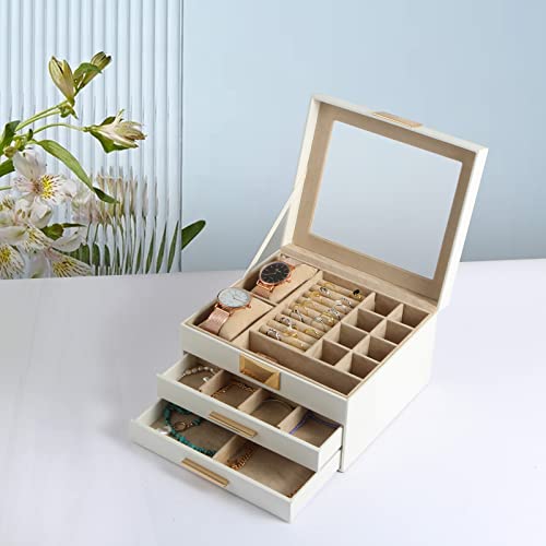 Jewelry Box With Transparent Lid, 3-Layer Jewelry Organizer With 2 Drawers, Jewelry Storage Box, Watch Display, Jewelry Organizer, Gifts, White #TOP4