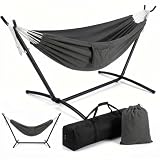 Sekey Hängematte mit Gestell, 150x200cm XXL-Liegefläche, Kokon-Effekt Baumwollhängematte, Tragkraft bis 200 kg, Höhenverstellbar, inkl. 2 Tragetaschen für Garten, Balkon & Camping,Anthrazit