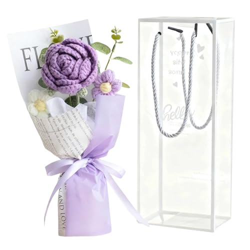 InteDesign Crochet Flowers Bouquet, Hand Knitted Rose Crochet Flower Bouquet, Purple Roses for Women, Birthday, Home Decoration, Mother’s Day, Valentine’s Day, Anniversary, Graduation, Wedding Gift