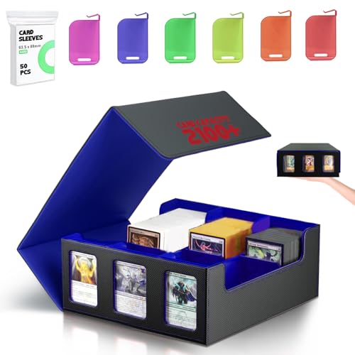 Card Storage Box for Trading Cards, 2100+ Deck Box with 50 Card Sleeves, 6 Colorful Dividers & Display Window, Magnetic Closure Commander Deck Case for MTG/TCG/YuGiOh and Sport Cards (Black Blue)