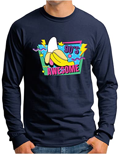 T-shirt à manches longues pour homme vêtements rétro années 90 coton bleu marine
