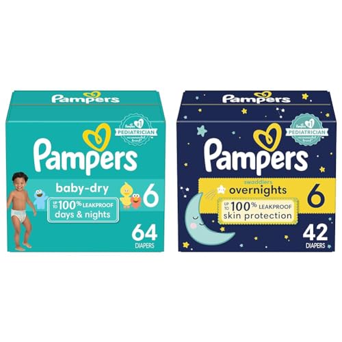 Pampers Baby Dry Diapers Size 6 64 Count + Pampers Diapers Size 6, 42 Count – Swaddlers Overnights Bundle