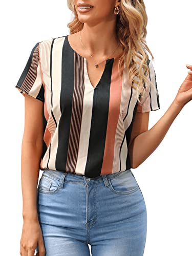 Verdusa Women's Casual Summer Stripe Notch V Neck Short Sleeve Blouse Top Shirts Black Orange Xs #TOP2