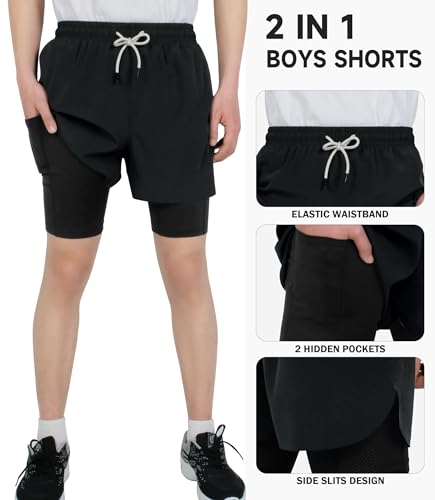 TLAENSON Boys Running Shorts with Liner Kids 2 in 1 Quick Dry Workout Athletic Shorts with Pockets2