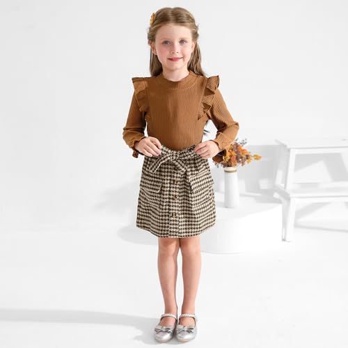 Image of Weixinbuy Toddler Girl Fall Winter Clothes Solid Long Sleeve Ribbed T-Shirt Knit Tops Plaid Button Mini Skirts Set Outfits