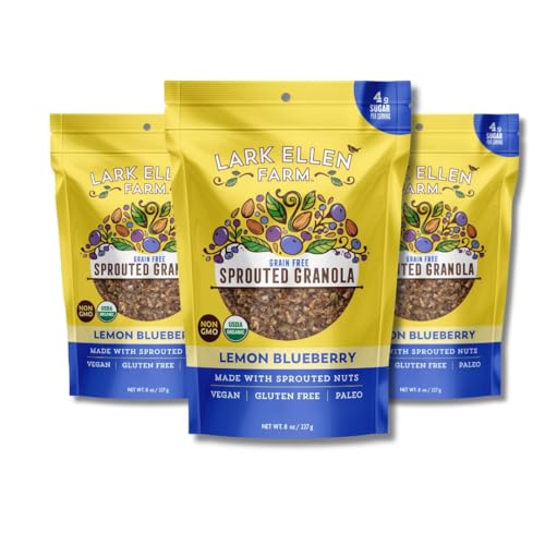 Lark Ellen Farm Grain-Free Granola, Certified Organic Raw Sprouted Vegan Clusters, Paleo & Crunchy Gluten-Free Bites for Cereal or Yogurt, Lemon Blueberry 8 oz, 3 Pack