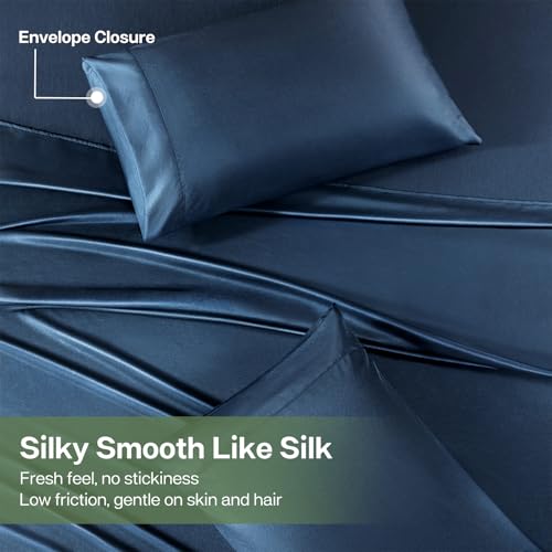 MR&HM Twin Sheets Set, 3-Piece Cooling Sheets, Rayon Derived from Bamboo & Polyester Blend, Soft & Silky, 15" Deep Pockets with Elastic Straps, Hotel Luxury for Hot Sleepers, Navy Blue