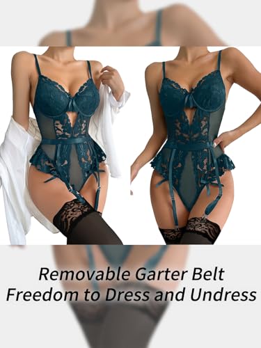 Image of Lilosy Sexy Stocking Lace Mesh Bodysuit Top Underwire Garter Lingerie Set 3 Piece
