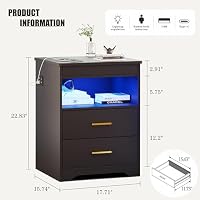 Night Stand with Gun Drawer, Charging Bedside Table with USB & Type-C Port, LED Nightstand with Human Sensor Light, Modern End Table with Drawers for Bedroom Office, Black — image 2