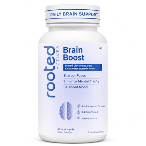Image of Rooted Brain Boost - 6-in-1 Advanced Nootropic with Brahmi, Lion's Mane & Ayurvedic Herbs | Supports Focus, Memory, Mental Clarity & Stress Balance | Standardized Extracts | 60 Veg Capsules