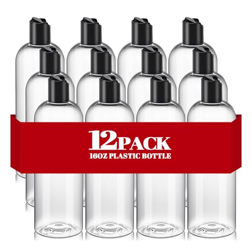Image of 16 oz Clear Plastic Empty Bottles with Black Disc Top Caps, 12 Pcs Squeezable Refillable Shampoo Bottles Travel Cosmetic Containers for Lotions, Body Soap Cream