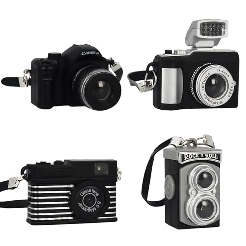 Toyhood Lot de 4 appareils photo miniatures rétro, 4 styles avec cordon, éclairage et son, décoration maison de poupée vintage, caméra de simulation