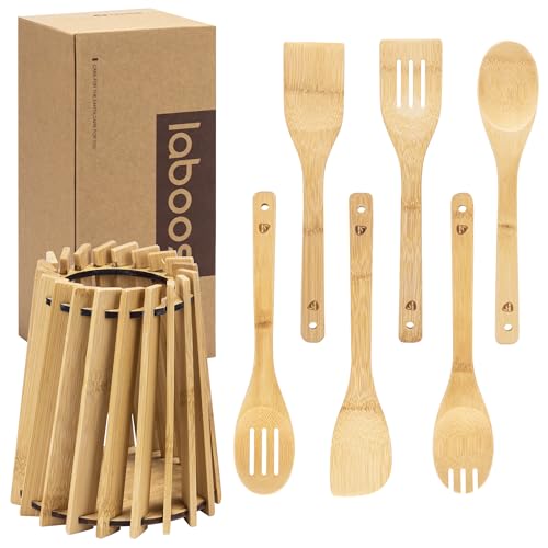 7 Piece Bamboo Cooking & Serving Utensil Set | Spoon & Spatula & Salad Tong Mix | Bamboo Rhythm Kitchen Holder | Nature Nonstick Kitchen Gadgets | Great Gift For Housewarming & Foodies | By laboos