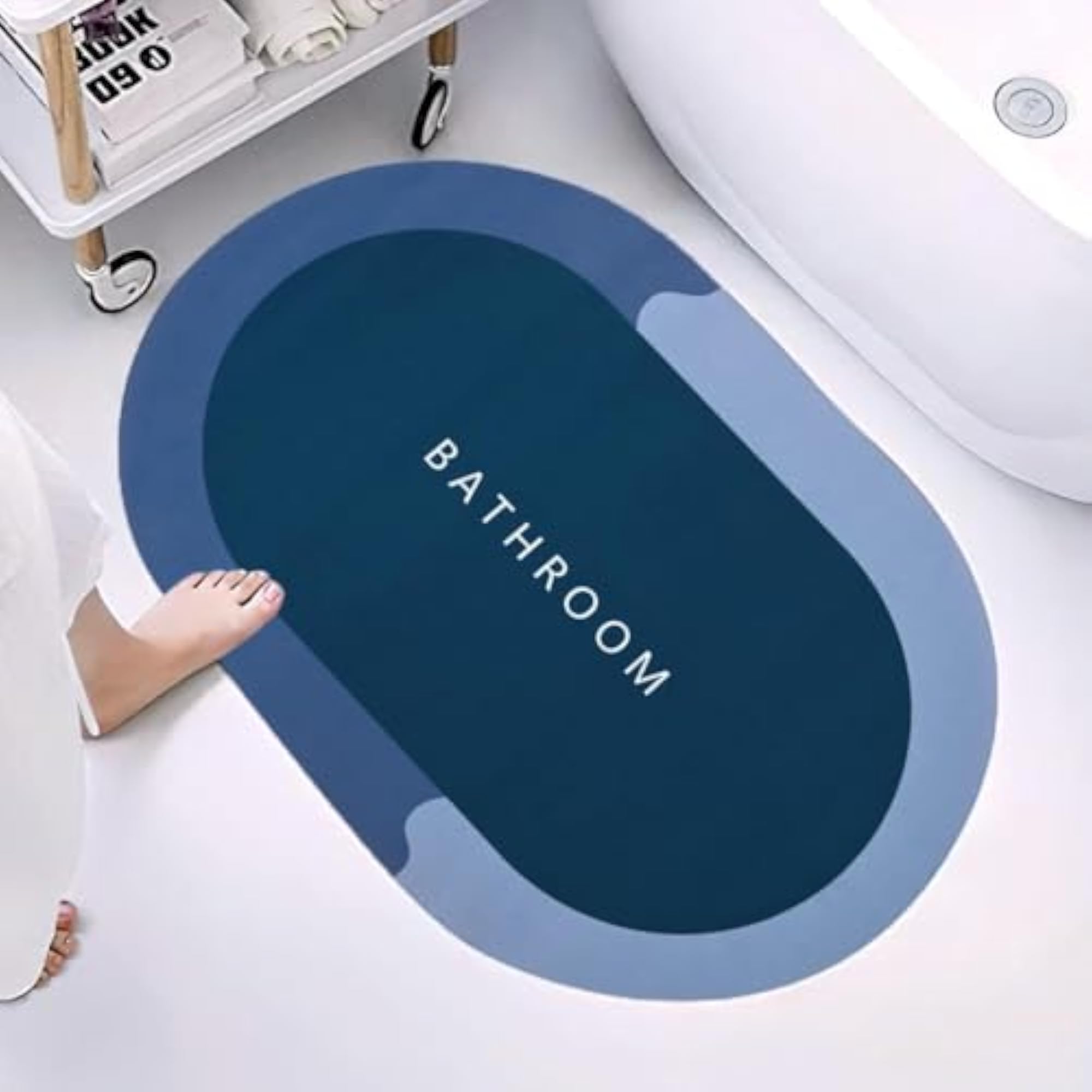Oval Bath Mat, Blue, Super Absorbent, Non-Slip, 60x40 cm
