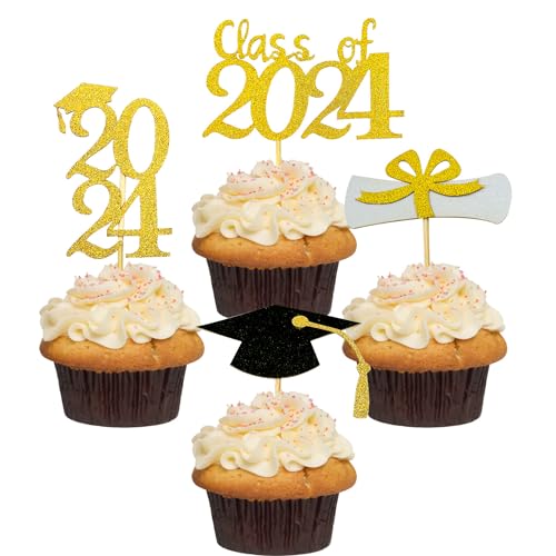 Seasons Stars Ssdecor G-TOPPERS-2022-48 2024 Glittery Graduation Cupcake Toppers (48 Pieces) Gold And Black Class Of 2024 Graduation Cap Diploma Cupcake Toppers cover