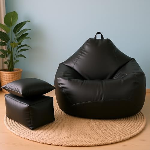 Image of 4XL Premium Leatherette Bean Bag with Rectangular Footrest & 16x16 Inch Cushion | High Density Beans Filled | Side Pocket & Easy to Carry Handle | 6 Months Warranty Color- (Black, 4XL)