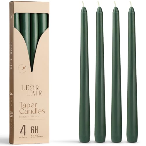 Leor & Lair Green Taper Candles, 4 Pack, 10' Unscented Green Candlesticks