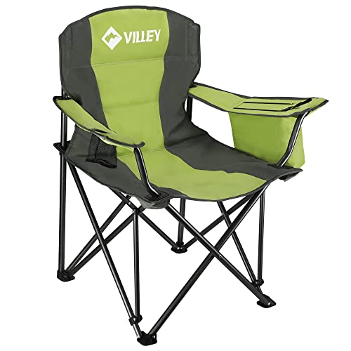 VILLEY Camping Chair, Oversized Folding Camp Chair, Portable Outdoor Chairs Support 400 LBS with Padded Seats, Cooler Bag, Cup Holder, Carry Bag, Green