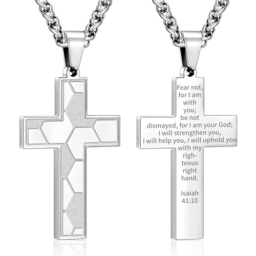 GLITTO Soccer Cross Necklace for Boys Men Stainless Steel Pendant Chain Religious Christian Baptism First Communion Confirmation Stuff Gear Accessories Jewelry Gift Isaiah 41:10 Silver