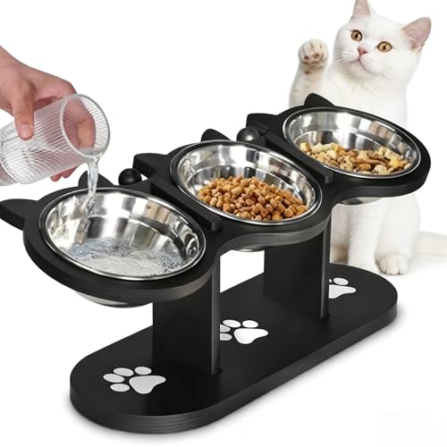 Image of 3-in-1 Raised Cat Bowls, 15° Tilted Anti-Vomiting, Stainless Steel