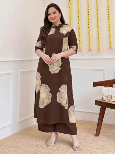 Image of ANNI Designer Women Viscose Blend Straight Fit Printed Kurta Palazzo Set | Mandarin Neck Outfit | Lightweight Breathable Fabric | Comfortable Elegant Styling for Office Casual Wear