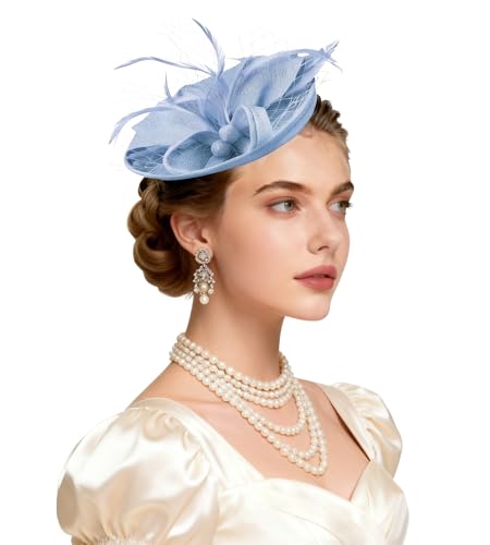 Ammiko Fascinators Hats for Women Tea Party Hat Feather Pillbox Derby Hats with Headband 2026 Vintage Headwear Church Light Blue One Size