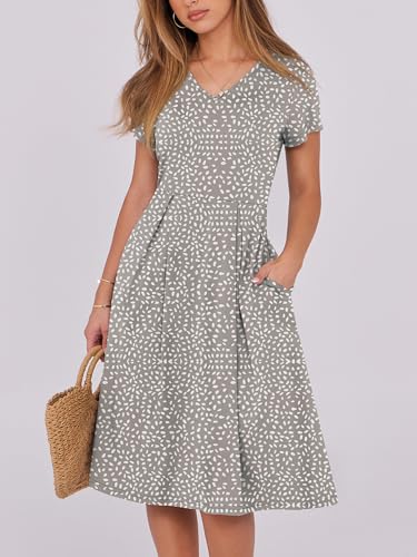 Image of ANRABESS Women Summer Dress Casual Short Sleeve V Neck A-Line Knee Length Pleated Flowy 2026 Fashion Midi Dresses with Pocket