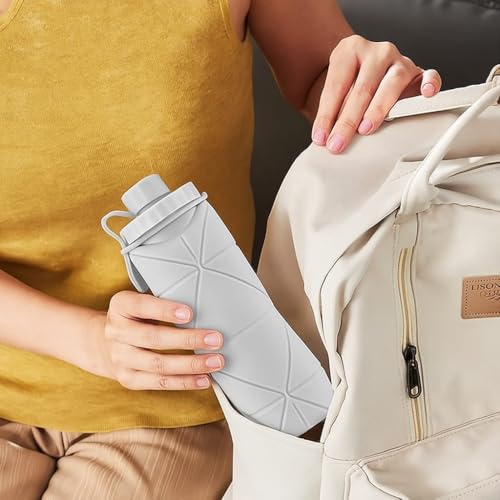 Image of Folding Silicone Sports Water Bottle | Collapsible BPA-Free Travel Bottle | Leakproof Lightweight Water Bottle for Gym Hiking Camping Outdoor | Reusable Foldable Bottle with (Grey)