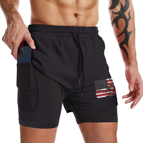 H Hyfol Running Shorts For Men American Flag Patriotic Workout Gym Quick Dry Athletic 2-In-1 Shorts With Pocket(Black,M) #TOP17