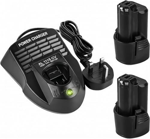 Image of 2 Pack 3.0Ah 10.8V 12V Max Lithium Battery + 1.5A UK Plug Charger, Compatible with Bosch 12V BAT411 BAT414 GBA12V, Replacement for AL1115CV GAL12V-20 BC330 Cordless Power Tool Kit