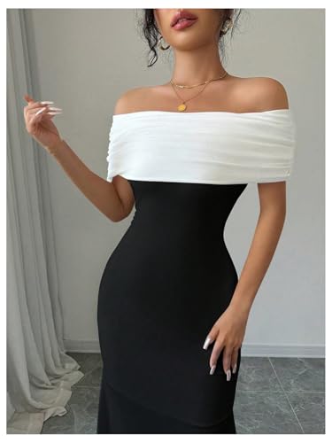 SOLY HUX Women's Off The Shoulder Color Block Bodycon Fishtail Long Maxi Dress Party Cocktail Outfits3