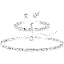 Jstyle 925 Sterling Silver Jewelry Set for Women - Dainty Tennis Necklace Bracelet Earrings Set Hypoallergenic Rhinestone Wedding Jewelry Sets for Brides Bridesmaids Crystal Prom Costume Accessories