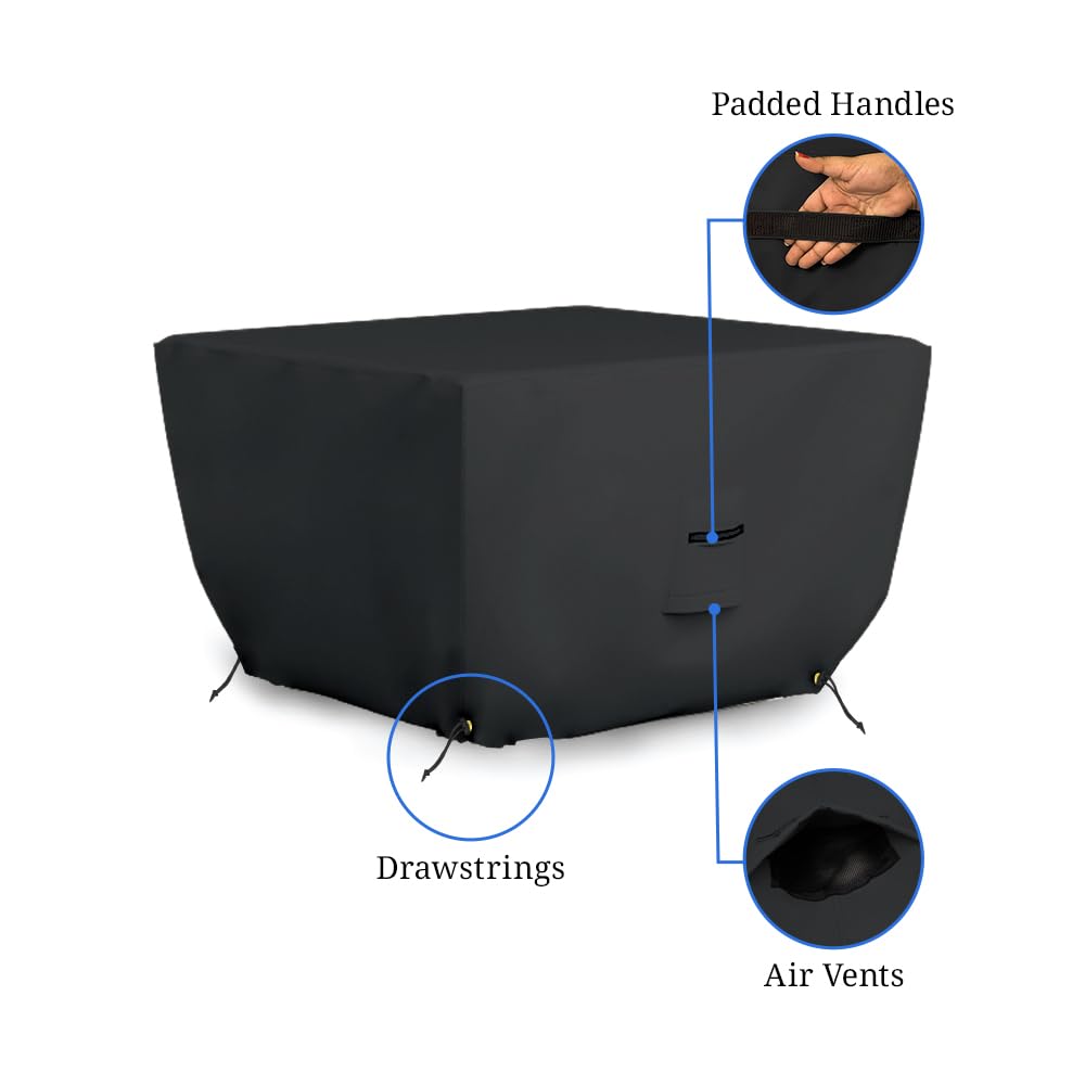 Pokrowce na zewnątrz Fire Pit - wodoodporne, 100% odporne na promieniowanie UV kwadratowa osłona na ognisko, 500 ml tkanina PVC z kieszeniami powietrznymi i sznurkiem do dopasowania, aby wytrzymać wiatr i burze. 90 cm dł. x 90 cm szer. x 36 cm wys., czarn