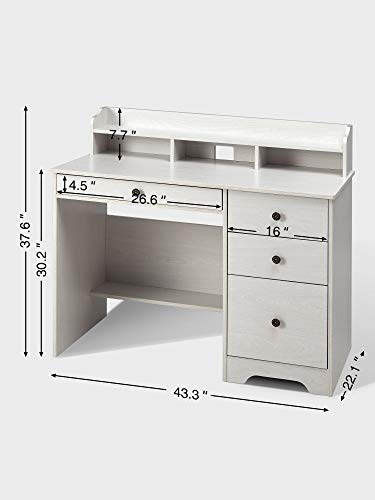 Kealive Computer Desk with 4 Drawers and Hutch Shelf, Wood Frame Home Office Desk with Spacious Desktop, Vintage Style Writing Study Table PC Laptop Notebook Desk, White Oak
