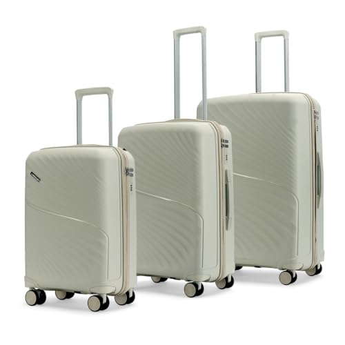 Image of Meridian Set of 3 Trolley Bags Cabin + Medium + Large Polypropylene Hard Suitcase, 8 Spinner Wheels, 2-Pocket Convipack, Recessed Number Lock Ghost Grey /Limestone Grey