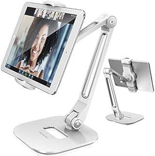AboveTEK Long Arm Aluminum Tablet Stand, Folding Stand with 360° Swivel Phone Clamp Mount Holder, Fits 4-11" Display Tablet for Kitchen Table Bedside Office Desk POS Kiosk Reception (11.43 - 19.05 CM)